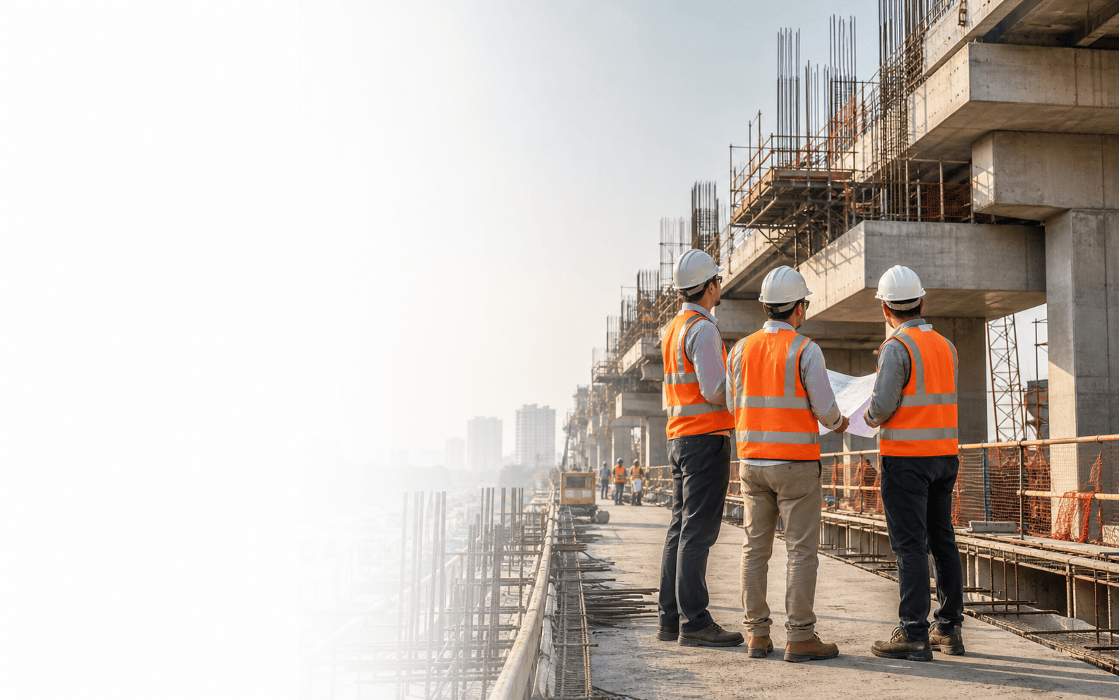 Civil engineers reviewing construction plans on site