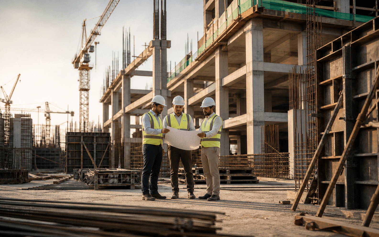 Construction team coordinating work on site