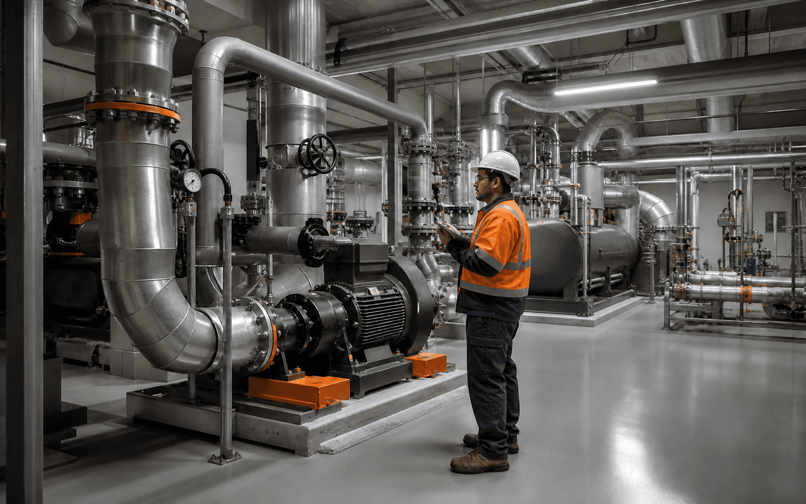 Engineer inspecting mechanical plant equipment